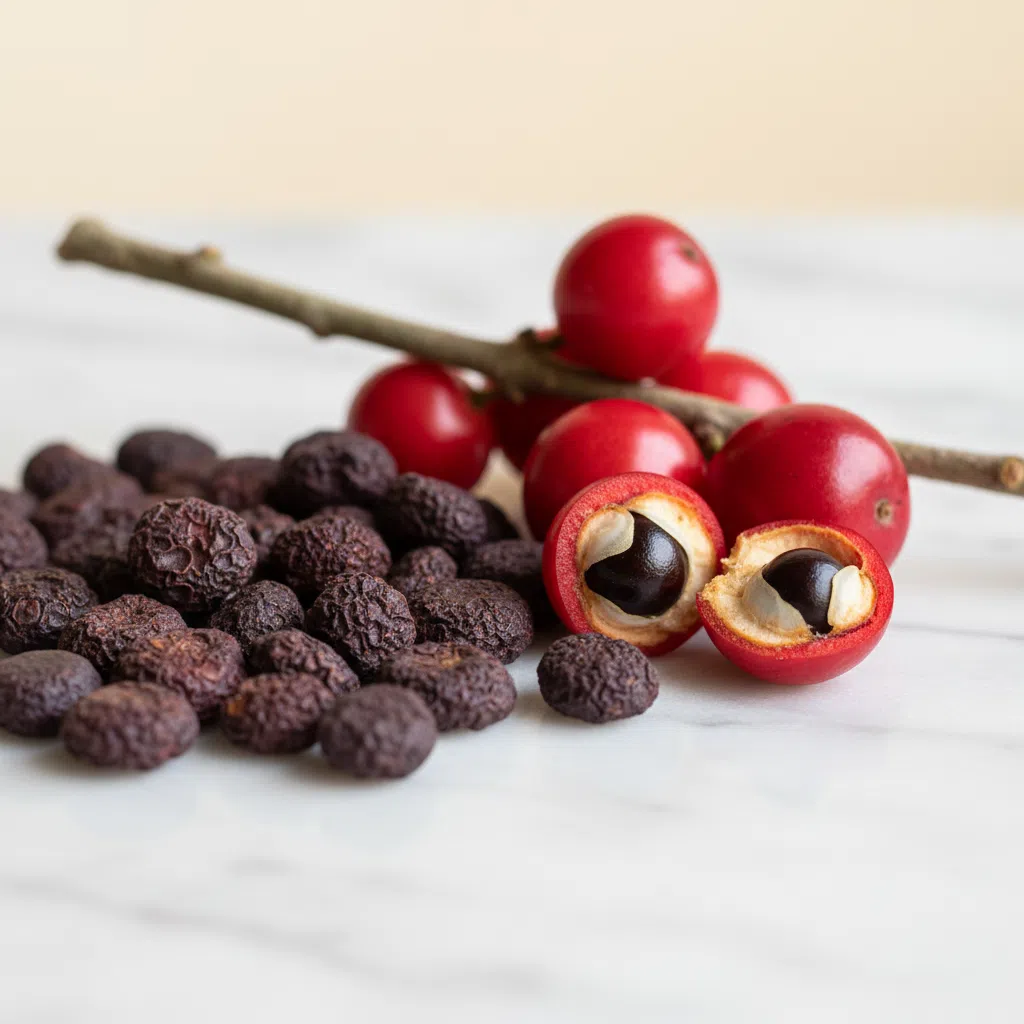 Dried guarana seeds and red guarana berries - guarana extract natural caffeine supplement from the Amazon Basin